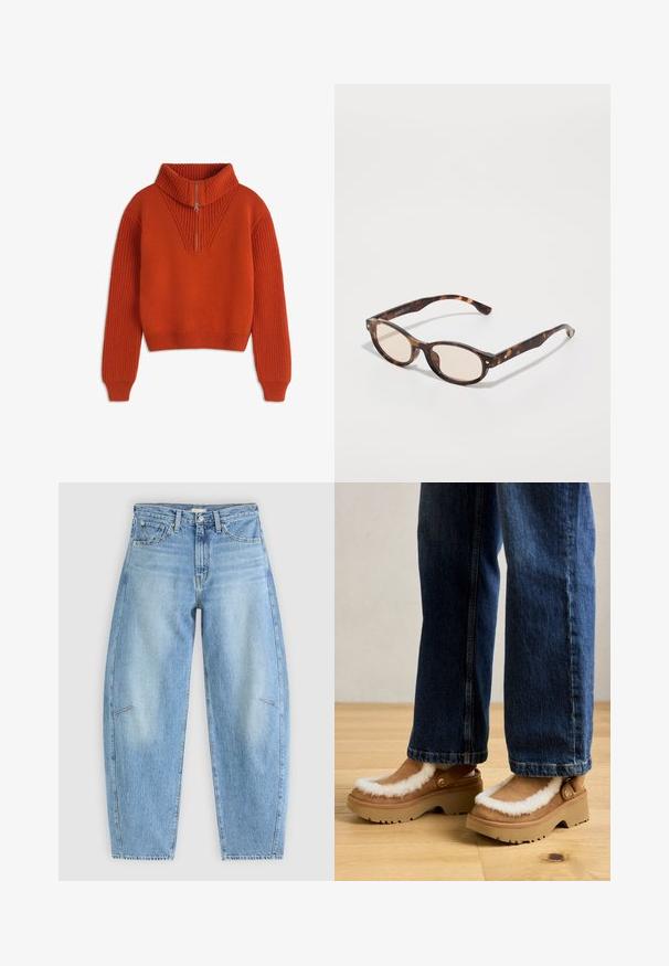 Blazer sans manches marron avec un col à revers, fermeture à un bouton et deux poches avant. Texture lisse avec un léger éclat.; Pull en tricot orange avec un col montant, une demi-fermeture éclair et des poignets côtelés. Présente un motif texturé sur les épaules et un corps lisse. Design court.; Jean en denim bleu clair avec une coupe décontractée, présentant une taille haute, des jambes droites et des coutures discrètes sur les poches avant.; Sabots en suède marron avec une bordure en fausse fourrure blanche et des semelles en caoutchouc beige, dotés d'une boucle sur le côté et d'une semelle épaisse, portés avec un jean bleu.; Lunettes de soleil écaille de tortue avec une forme arrondie et des verres clairs. Présentent des branches robustes avec de petites accents dorés, fabriquées en matériau plastique.