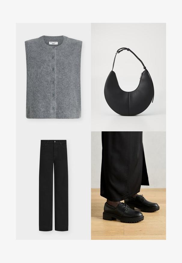 Hall villane top kaelusega ja ees nööbitav, pehme ja karvase tekstuuriga, kus on seitse sinist nööpi lapi peal.; Hele sinine lühem nööpidega särk pikkade varrukatega, klassikalise kraega, esitaskuga ja sileda kangapinnaga.; Mustad laia säärega teksad, valmistatud denimist, millel on nööpidega sulgumine ja viis taskut. Sile tekstuur ning puhas, minimalistlik disain.; Mustad musta nahast kingad ümmarguse varbaga, paksu kummist tallaga ja paeltega. Kujunduses on dekoratiivne õmblus ülemise osa ümber.; Must mustaga kott, millel on poolkuuju kuju, sile pind, üks reguleeritav rihm ja külge tõmmatav lukk.; Kuldsete toonidega kõrvarõngad, millel on geomeetriliste kujundite segu: ruut, ring ja ühendatud ovaalsed kujundid, millel on poleeritud viimistlus.