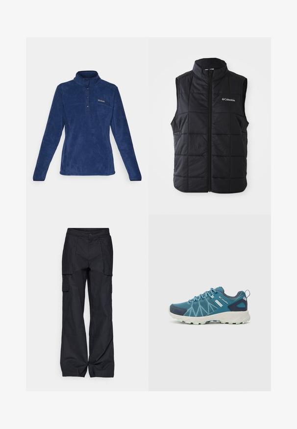 Črn puhasti jopič z visokim ovratnikom, vodoravno prešit vzorec, sprednji zadrga in Columbia logotip na levem prsnem delu. Lahka material.; Modra flis jakna s visokim ovratnikom, ki ima spredaj pol gumbov, teksturirano blago in majhen logo na levem zgornjem delu.; Columbia BREA FALLS™ COTTON RIPSTOP PANT - Hlače za na prostem - black; Columbia PEAKFREAK™ II OUTDRY™ - Pohodniški čevlji - blue heron/skylight
