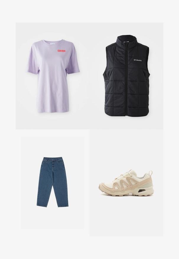 Černá péřová vesta s vysokým límcem, horizontálním prošíváním, předním zipem a logem Columbia na levé hrudi. Lehký materiál.; Levandulové tričko s krátkým rukávem vyrobené z bavlny, kulatý výstřih a červené logo Columbia na přední straně. Hladká textilie, uvolněný střih.; Modré džíny z denimu s volným střihem, vysokým pasem, pěticí kapsami a akcenty prošití. Mají zapínání na knoflík a zip.; Béžová a krémová sportovní obuv s texturovaným síťovaným svrškem, podpůrnými překryvy a gumovou podrážkou s dezénem pro lepší přilnavost.