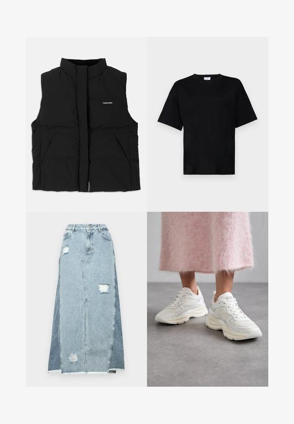 Colete puffer preto com gola alta, fecho frontal por zíper, dois bolsos laterais e um logo discreto no peito. Textura suave, design quente.; T-shirt preto de manga curta em ajuste descontraído, feito de tecido macio, com decote redondo e sem padrões ou acessórios proeminentes.; Saia de ganga com uma mistura de tecidos azul claro e escuro, com manchas desgastadas, cintura alta e bainha desfiada.; Ténis brancos com materiais de rede e couro, biqueira arredondada e sola almofadada. Apresenta atacadores e nome da marca na língua.