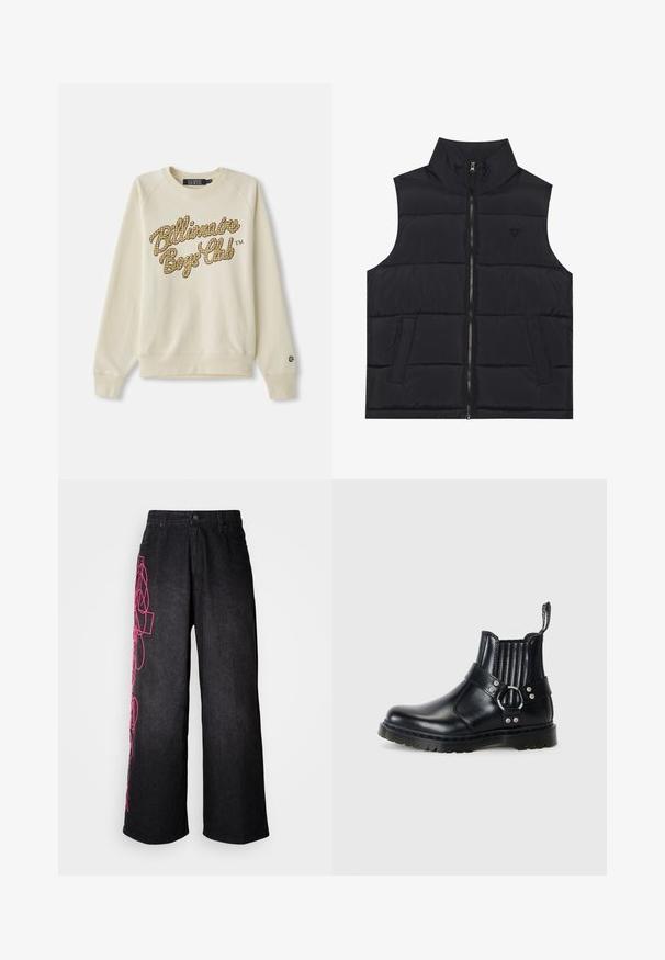 Crni puffer prsluk s visokim ovratnikom, prednjim zatvaračem i dva bočna džepa. Ima šivene panele za izolaciju i suptilan detalj s logotipom.; Krem majica s dugim rukavima, s okruglim izrezom, s žutim i smeškim kariranim natpisom "Billionaire Boys Club" na prsima.; Crne traper hlače širokih nogavica, izrađene od trapera, s ružičastim apstraktnim vezom sa strane, s prednjim gumbom i džepovima.; Crne kožne gležnjače s rebrastim elastičnim stranicama, metalnom kopčom kao akcentom i teksturiranim potplatom za bolji grip.