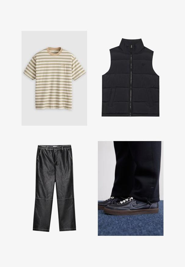 Must must vest kõrge kraega, esipaneeli lukuga ja kahe küljetaskuga. Omab õmmeldud paneele soojustamiseks ja peent logo detaili.; Lühikeste varrukatega triibuline T-särk beeži ja rohelise värviga, millel on horisontaalsed triibud, ümar kaelus ja peen Levi'si logo ees.; Mustad kunstnahast püksid, laiad sääred, millel on õmblused ja esikotid, sile ja veidi peegeldav tekstuur.; Nike Sportswear KILLSHOT 2 LTR PRM OPP2 - Tossud - black sail baroque brown mtlc dk grey