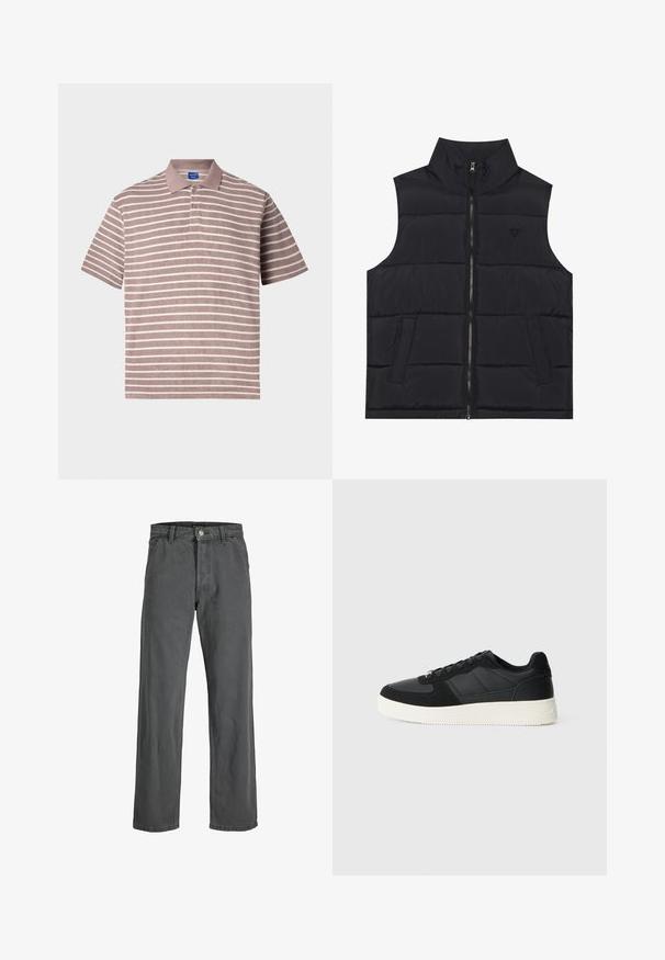 Črn puhovski brezrokavnik z visokim ovratnikom, sprednjim zadrgo in dvema stranskima Žepoma. Vsebuje šivane panele za izolacijo in subtilen logotip.; Polo majica s prugicami v umirjeni roza in beli barvi, kratki rokavi, s ovratnikom in zapenjanjem na tri gumbe, narejena iz teksturirane tkanine.; Temno sivi široki kavbojki iz denima. Imajo sprednje zapiranje z gumbom in zadrgo, zanke za pas ter klasičen pet-pocket dizajn.; Črne nizke teniske z teksturiranim usnjem in paneli iz semiša, bela gumijasta podloga in črne vezalke na enobarvni svetli podlagi.