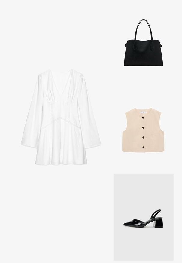 Beige mouwloze top met een ronde halslijn, met een knoopsluiting aan de voorkant met zes zwarte knopen en een soepele katoenen textuur.; Witte blouse met lange mouwen en V-hals, ruches op de schouders, kantaccenten en een losse pasvorm, gemaakt van lichtgewicht stof.; Zwarte gepatineerde leren slingback hakken met een spitse neus en een geometrische blokhak. Kenmerkt zich door een slank, minimalistisch ontwerp en een gladde textuur.; Zwarte leren handtas met dubbele schouderriemen, rechthoekige vorm en minimalistisch ontwerp op een witte achtergrond.