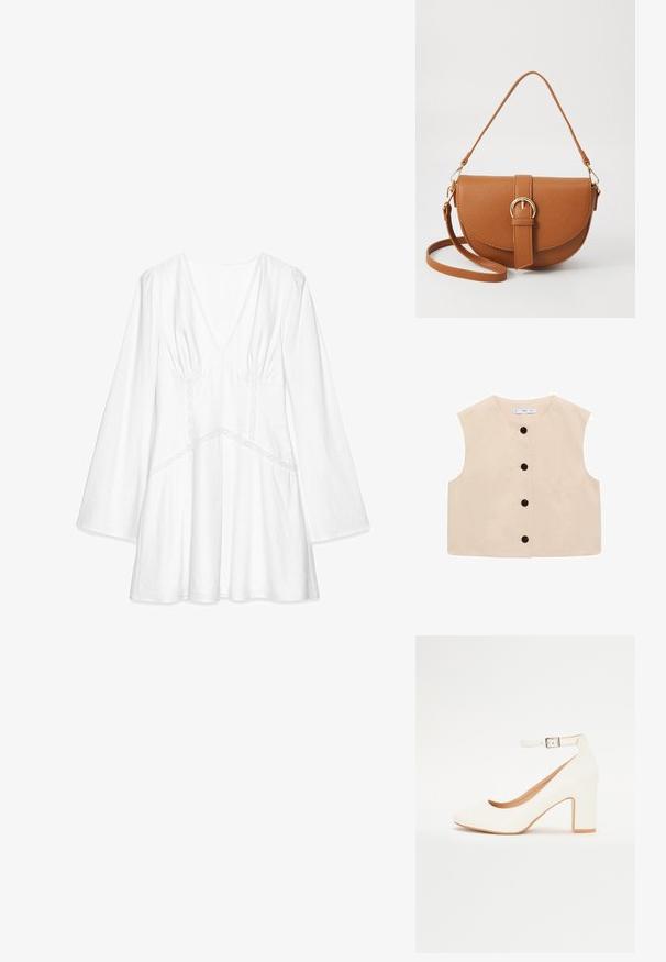 Beige mouwloze top met een ronde halslijn, met een knoopsluiting aan de voorkant met zes zwarte knopen en een soepele katoenen textuur.; Witte blouse met lange mouwen en V-hals, ruches op de schouders, kantaccenten en een losse pasvorm, gemaakt van lichtgewicht stof.; Witte hoge hak schoen met een puntige neus, blokhak en enkelbandje. Glamoureuze afwerking met een subtiele glans en een beige binnenvoering.; Bruine leren schoudertas met een gebogen vorm, gouden hardware en een gespaccent. Bevat een afneembare schouderriem.