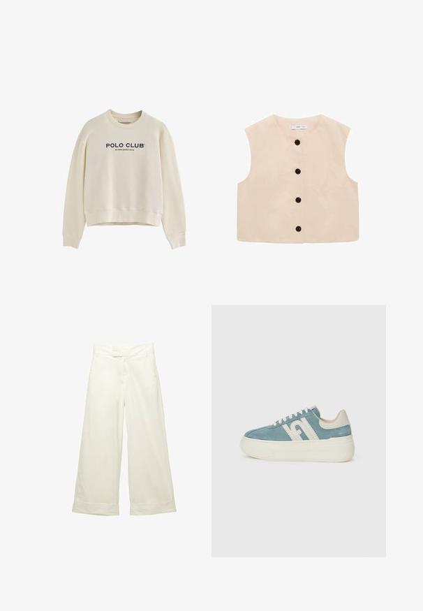 Beige ärmlös topp med rund halsringning, som har en knapprad med sex svarta knappar och en mjuk bomullstextur.; Ljust beige sweatshirt med rund halsringning, långa ärmar och kort design; har "POLO CLUB" och "ETABLERAD 2012" i marinblå och röd text.; Breda byxor i mjukt, krämfärgat tyg. Har en platt midja framtill och uppvikta fållar. Slät textur med en ren, minimalistisk design.; Sneakers i ljusblå mocka med vit gummisula. Har vit märkning på sidan och tonad sömnad. Skosnörningsdesign med en vadderad krage.