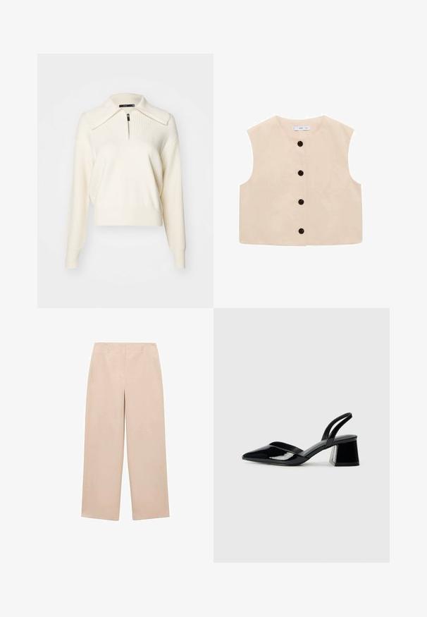 Bež brezrokavnik z okroglim izrezom, ki ima spredaj zapenjanje na gumbe z šestimi črnimi gumbi in gladko bombažno teksturo.; Pulover v kremni barvi iz pletenine z zadrgo na ovratniku, ribasto teksturo, dolgimi rokavi in sproščenim kratkim krojem. Poudarki vključujejo podrobnosti šivov.; Bež široke hlače izdelane iz gladkega materiala, s ravnim sprednjim delom in zankami za pas, brez vidnih vzorcev ali okrasnih elementov.; Črne lakirane slingback pete s koničastim nosom in geometrijsko blokasto peto. Imajo eleganten, minimalističen dizajn in gladko teksturo.