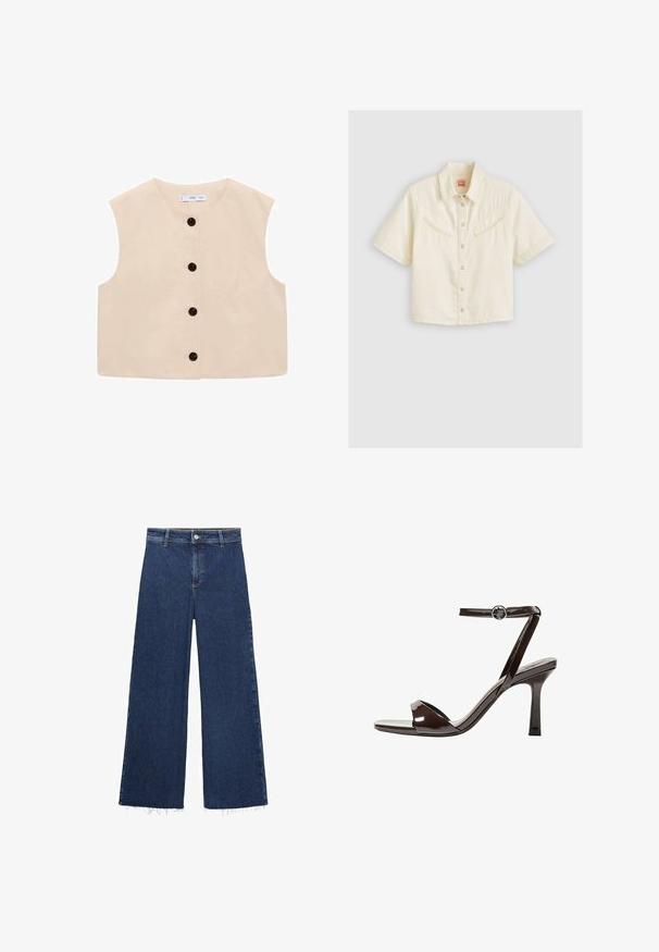 Béžový bezrukávový top s kulatým výstřihem, se zapínáním na knoflíky vpředu s šesti černými knoflíky a hladkým bavlněným materiálem.; Krátký rukáv, košilové triko z krémové bavlny. Obsahuje dvě náprsní kapsy s šikmými chlopněmi, klasický límeček a stříbrné cvoky.; Tmavě modré široké džíny vyrobené z denimu, se zvýšeným pasem, zapínáním na knoflík a roztrhaným lemem na spodní části. Hladká textura.; Hnědé lakované kožené sandály na vysokém podpatku s páskem kolem kotníku, otevřenou špičkou a elegantním, minimalistickým designem. Obsahují čtvercový podpatek.