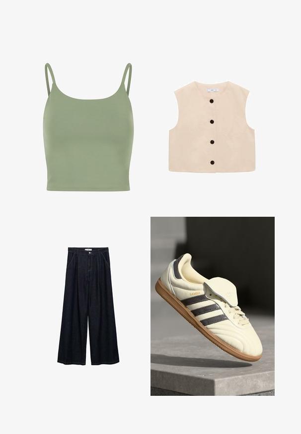 Beige mouwloze top met een ronde halslijn, met een knoopsluiting aan de voorkant met zes zwarte knopen en een soepele katoenen textuur.; Olijfgroene, aansluitende camisole-top met dunne bandjes, een gladde textuur en een ronde halslijn, ontworpen voor comfort en om te lagen.; Donkerdenim wijde-broek met een hoge taille, voorzien van een sluiting met knoop aan de voorkant, twee zijzakken en stikdetails.; Crème leren sneaker met drie donkere strepen, een bruine gumrubberen zool en een ronde neus. Voorzien van een opvouwbare tong met het label "SAMBA."