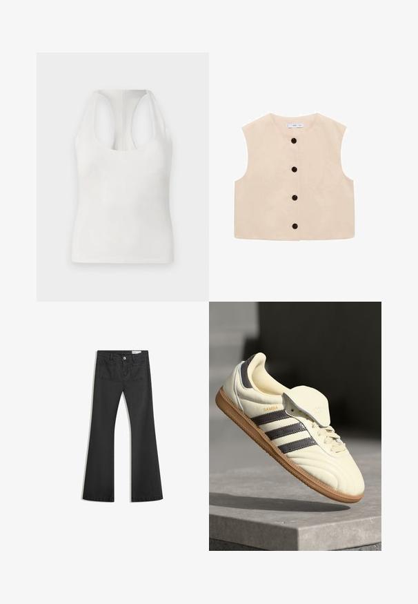 Beige sleeveless vest top with a round neckline, featuring a button-down front with six black buttons and a smooth cotton texture.; White sleeveless top made of soft fabric, featuring a rounded neckline and racerback design, smooth texture, and no visible patterns.; Black flared jeans made of denim with a smooth texture, featuring two back pockets and a button closure at the waist.; Cream leather sneaker with three dark stripes, a brown gum outsole, and a rounded toe. Features a foldable tongue labeled "SAMBA."