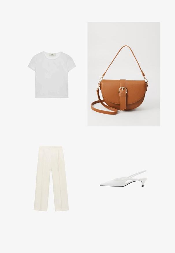 Beige ærmeløs vest-top med rund halsudskæring, der har en front med knaplukning med seks sorte knapper og en glat bomuldsstruktur.; Kortærmet, rundhalset hvid t-shirt lavet af blød bomuld, med et simpelt, rent design uden synlige mønstre eller accenter.; Bredbenede bukser i en lys cremefarve. Fremstillet af et glat stof med plisseringer foran og sidelommer.; Hvide slingback hæle med spids tå, der har en glat overdel, subtile udskæringer og en lav blokhæl. Den sorte sål fremhæver designet.; Brun læder crossbody taske med en buet form, guldfarvet hardware og en spændeaccent. Har en aftagelig skulderrem.