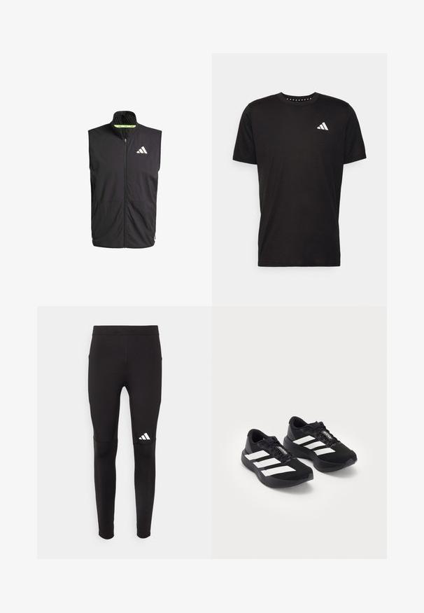 Chaleco atlético negro con cuello alto, cremallera frontal y dos bolsillos laterales. Cuenta con un forro texturizado y un logo blanco en el pecho.; Camiseta de algodón negra con mangas cortas, cuello redondo y un logo blanco en el lado izquierdo del pecho. Textura suave y diseño sencillo.; adidas Performance RUN IT - Leggings - black; Un par de zapatillas de running Adidas Adizero negras con rayas y cordones blancos, sobre un fondo blanco, posicionadas una al lado de la otra.