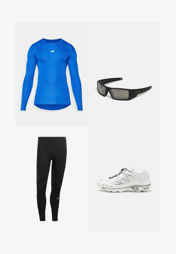 Czarna sportowa kamizelka z wysokim kołnierzem, zamek błyskawiczny z przodu i dwiema bocznymi kieszeniami. Posiada teksturowane wykończenie i białe logo na klatce piersiowej.; Koszulka sportowa z długim rękawem w jednolitym niebieskim kolorze, wykonana z elastycznego materiału. Posiada okrągły dekolt oraz małe białe logo na klatce piersiowej.; Czarne legginsy sportowe wykonane z elastycznego materiału, z wysokim stanem, odblaskowymi akcentami i logo blisko kostki. Gładka faktura.; Białe buty sportowe z teksturowanym wierzchem, odblaskowymi akcentami i szarym podbiciem. Posiadają wyraźne trójkątne wzory oraz system szybkiego sznurowania.; Czarne okulary przeciwsłoneczne z matowym wykończeniem, prostokątne soczewki, lekko wygięte zauszniki, subtelny detal z logo oraz szkła w odcieniu dymnym.