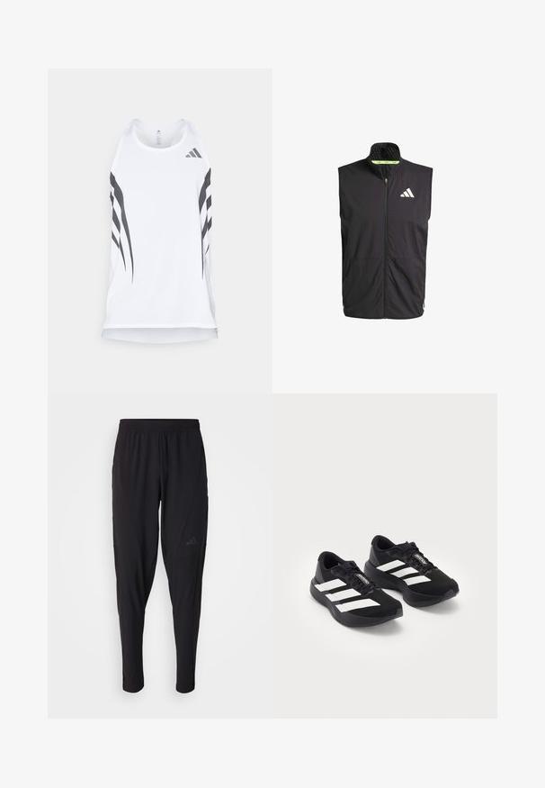 Zwarte sportieve vest met hoge kraag, rits aan de voorkant en twee zijzakken. Heeft een gestructureerde voering en een wit logo op de borst.; Witte sportieve tanktop met meshstructuur, voorzien van zwarte diagonale strepen en een Adidas-logo bij de halslijn. Racerback ontwerp.; Zwarte sportbroek met een elastische tailleband, taps toelopend ontwerp, zijzakken en subtiele logodetails. Gemaakt van flexibele, ademende stof.; Een paar zwarte Adidas Adizero hardloopschoenen met witte strepen en veters op een witte achtergrond, zij aan zij gepositioneerd.