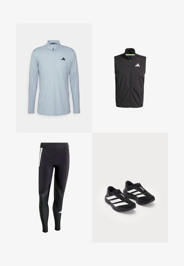 Schwarze Sportweste mit hohem Kragen, Frontreißverschluss und zwei Seitentaschen. Sie verfügt über ein strukturiertes Innenfutter und ein weißes Logo auf der Brust.; Helles blaues Sportoberteil mit langen Ärmeln und einem Halsriegel mit halbem Reißverschluss, ausgestattet mit einem schwarzen Adidas-Logo auf der linken Brust. Glattes, leichtes Material.; Schwarze sportliche Leggings aus strukturiertem Stoff mit kleinen weißen Punkten an der unteren Hälfte. Enthält eine Seitentasche und ein Design mit kontrastierenden Paneelen.; Ein Paar schwarze Adidas Adizero Laufschuhe mit weißen Streifen und Schnürsenkeln auf weißem Hintergrund, nebeneinander positioniert.