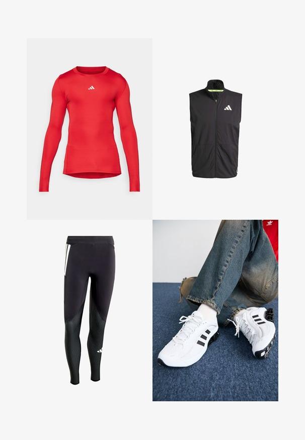 Zwarte sportieve vest met hoge kraag, rits aan de voorkant en twee zijzakken. Heeft een gestructureerde voering en een wit logo op de borst.; Rode lange mouwen sportshirt gemaakt van gladde, rekbare stof; aansluitend ontwerp; heeft een klein wit logo bij de halslijn.; Zwarte sportleggingen van een zachte stof met een getextureerd onderste gedeelte dat kleine witte stippen heeft. Inclusief zijzak en een contrasterend paneelontwerp.; Witte mesh sport schoenen met zwarte accenten, voorzien van een textuurontwerp en een onderscheidende zool, gecombineerd met blauwe spijkerbroeken.