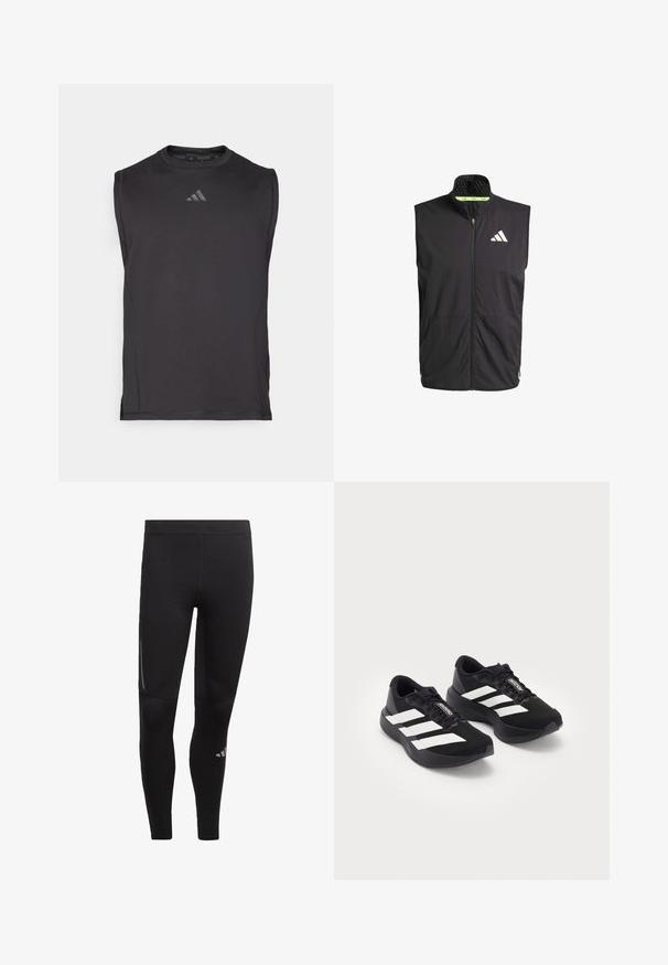 Chaleco atlético negro con cuello alto, cremallera frontal y dos bolsillos laterales. Cuenta con un forro texturizado y un logo blanco en el pecho.; Camiseta atlética sin mangas negra hecha de una tela suave, con un escote redondo y un sutil detalle del logo en la parte frontal.; Leggings deportivas negras fabricadas con material elástico, con una cinturilla alta, acentos reflectantes y un logo cerca del tobillo. Textura suave.; Un par de zapatillas de running Adidas Adizero negras con rayas y cordones blancos, sobre un fondo blanco, posicionadas una al lado de la otra.