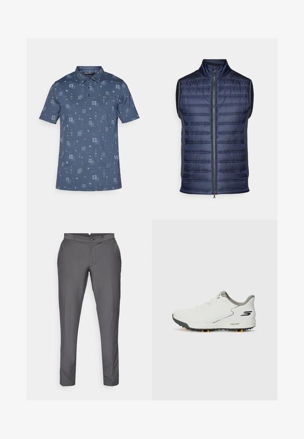 Tumes sinisevärvi puffjakki, millel on vertikaalne tikandimuster, kõrge kaelus, eesne tõmblukk ja saledad hallid külgpanelid. Kerge kangas.; Tume sinise lühikeste varrukatega polo särk, millel on tekstuuriga ruudud ja geomeetrilised kujundid helesinisel taustal ning korallpunased aktsendid.; Hallid pruunid püksid sujuvast kangast. Omavad kohandatud lõiget, lameda esiosa, vöörihmade ja nupuga kinnitust. Klassikaline disain.; Valged spordijalatsid siledast pealispinnast, hallide aktsentidega ja tekstuursed mustad tallad, millel on oranžid õhksääred. Kerge disain, mis keskendub mugavusele.