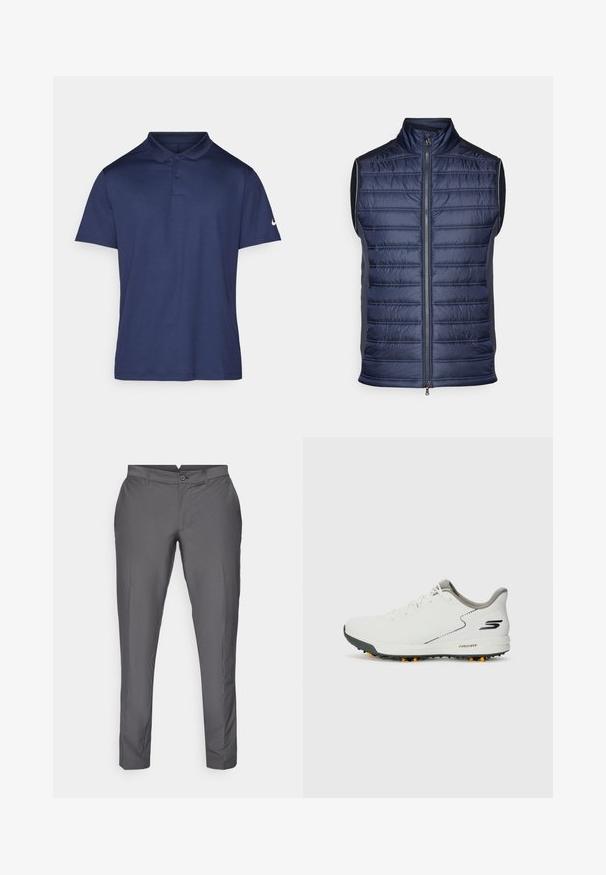 Marineblå puffvest med vertikalt quiltet mønster, høy krage, glidelås foran og slanke grå sidepaneler. Lettvekts stoffkonstruksjon.; Mørkeblå polo skjorte laget av glatt stoff, med krage, tre-knapp placket og en liten hvit logo på venstre erme.; Grå bukser laget av glatt stoff. Har en skreddersydd passform med flat front, beltehemper og knappelukking. Klassisk design.; Hvit idrettssko med en glatt overdel, grå detaljer og en teksturert svart såle med oransje pigger. Lett design med fokus på komfort.