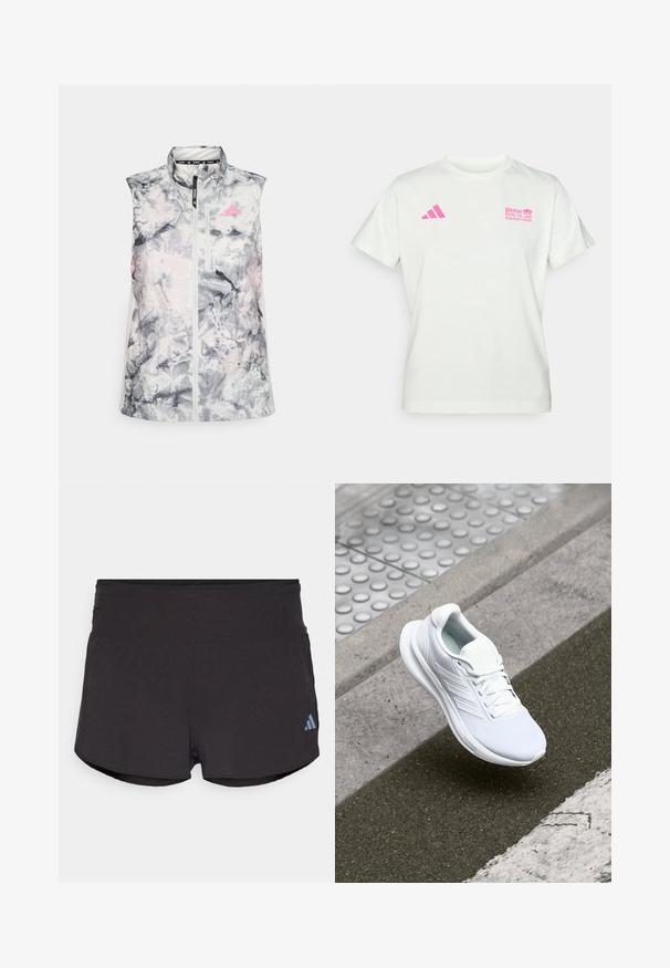 Colete de corrida sem mangas com um padrão abstrato em cinza e rosa, apresentando um gola alta, um fecho frontal e um pequeno bolso no peito.; T-shirt branca de mangas curtas com o logótipo rosa da Adidas no lado esquerdo do peito e o logótipo do Maratona de Berlim da BMW no lado direito do peito.; Calções de desporto pretos com um acabamento texturizado, apresentando um cós largo e um logótipo da Adidas em azul claro no lado inferior esquerdo.; Shoe atlético branco com parte superior em rede, design de atacadores e sola texturizada. Branding subtil e detalhes de construção sem emendas visíveis.