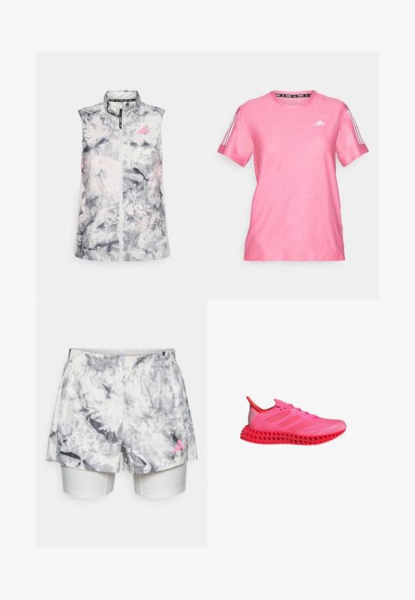 Gilet de course sans manches dans un motif abstrait gris et rose, présentant un col montant, une fermeture éclair à l'avant et une petite poche poitrine.; T-shirt rose à manches courtes en tissu texturé. Présente trois rayures blanches sur chaque épaule et un petit logo blanc sur la poitrine.; Shorts avec un motif abstrait gris et blanc, dotés d'une taille élastique, d'une doublure intérieure et d'un accent de logo rose sur le côté.; Botte de sport rose avec un dessus en textile respirant, un design à trois bandes et une semelle distinctive à motif en treillis. Accents en rose plus foncé.