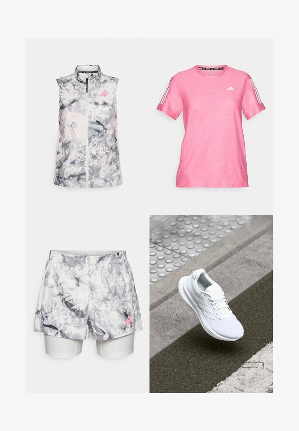 Mouwloos hardloopvest in een grijs en roze abstract patroon, met een hoge kraag, een rits aan de voorkant en een klein borstzakje.; Roze T-shirt met korte mouwen, gemaakt van een textuurstof. Heeft drie witte strepen op elke schouder en een klein wit logo op de borst.; Korte broek met een grijs-wit abstract patroon, voorzien van een elastische tailleband, binnenvoering en een roze logo-accent aan de zijkant.; Witte sportschoen met een bovenwerk van mesh, vetersluiting en een textuurrijke zool. Subtiele branding en naadloze constructiedetails zichtbaar.