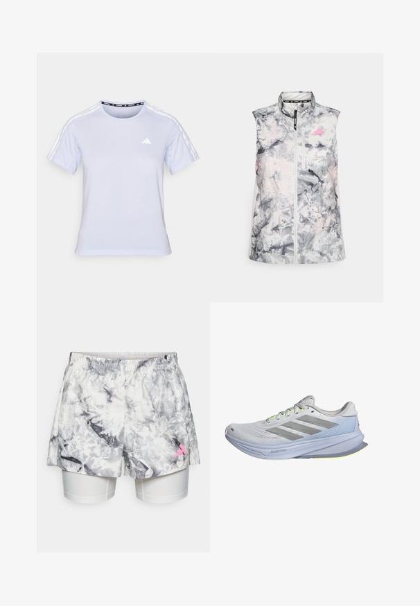 Prsluk za trčanje bez rukava u sivom i ružičastom apstraktnom uzorku, s visokim ovratnikom, prednjim patent-zatvaračem i malim džepom na prsima.; Svjetloplavi atletski majica kratkih rukava, s okruglim izrezom, prozračnom teksturom i tri bijele pruge na ramenima s malim logom.; Šortsi sivo-bijelog apstraktnog uzorka, s elastičnom trakom za struk, unutarnjom podstavom i ružičastim logotipom sa strane.; Trkačke cipele s laganom mrežastom gornjom površinom u bijeloj boji, ukrašene sivim prugama. Potplat ima blagi zakrivljen oblik i neonske žute naglaske.