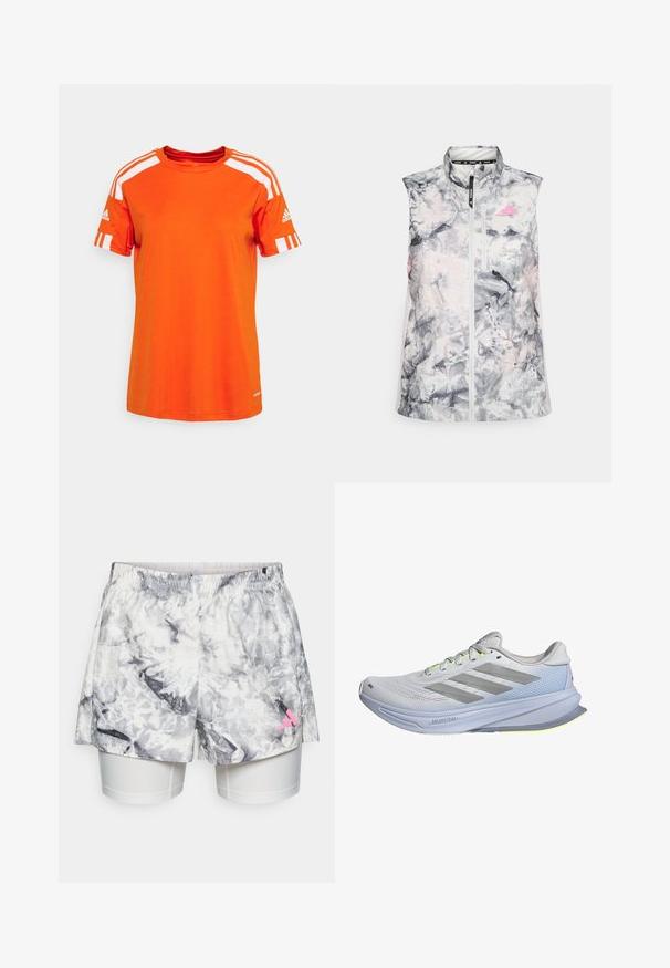 Bez piedurknēm skriešanas veste pelēkā un rozā abstraktā rakstā, ar augstu apkakli, priekšējām iešuvēm un mazu krūšu kabatu.; adidas Performance SQUAD 21 JSY W - Sporta krekli - team orange/white; Šorti ar pelēku un baltu abstraktu rakstu, ar elastīgu jostasvietu, iekšējo oderi un rozā logotipa akcentu sānu daļā.; Skriešanas apavi ar vieglu mākoņa augšējo daļu baltā krāsā, akcentēti ar pelēkām svītrām. Zole ir nedaudz izliekta ar neonīgi dzelteniem akcentiem.