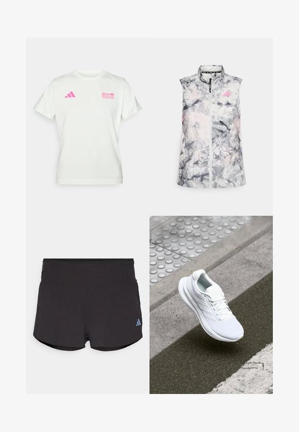 Bezrukávová bežecká vesta v šedo-ružovom abstraktnom vzore, s vysokým golierom, predným zipsom a malou vreckom na hrudníku.; Biele tričko s krátkym rukávom bielej farby s ružovým logom Adidas na ľavej strane hrudníka a logom BMW Berlínsky maratón na pravej strane hrudníka.; Čierne športové šortky s textúrovaným povrchom, so širokým pásom a svetlomodrým logom Adidas na dolnej ľavej strane.; Biele športové topánky s vrchnou časťou z sieťoviny, šnurovacia konštrukcia a textúrovaná podrážka. Zosilnené značkovanie a čisté detaily konštrukcie sú viditeľné.