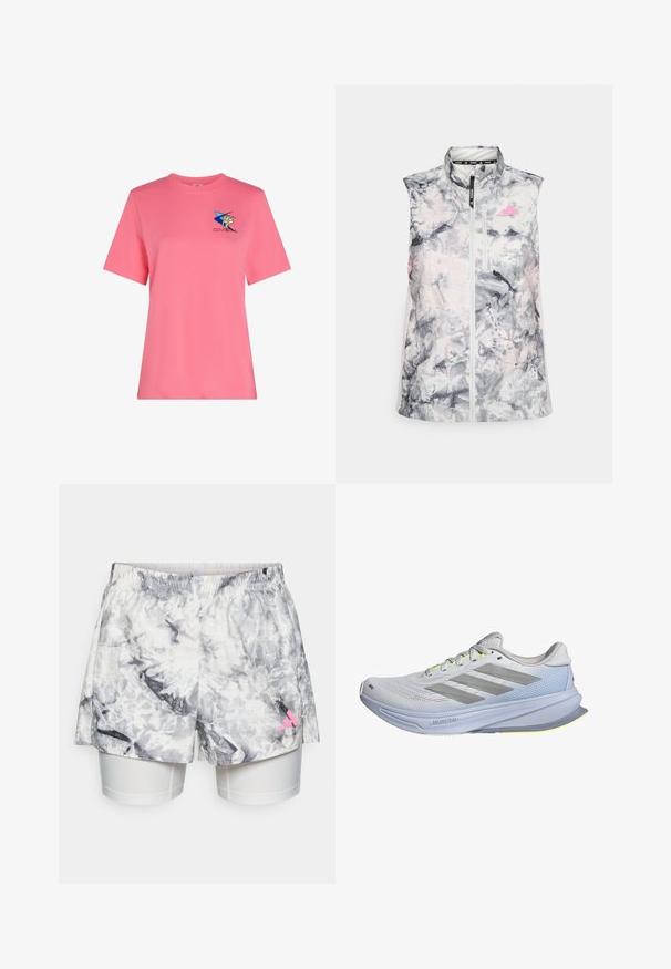 Mouwloos hardloopvest in een grijs en roze abstract patroon, met een hoge kraag, een rits aan de voorkant en een klein borstzakje.; Korte mouwen, roze katoenen t-shirt met een blauwe ster en gele grafische ontwerp. Klassieke pasvorm met een ronde hals. Zachte textuur.; Korte broek met een grijs-wit abstract patroon, voorzien van een elastische tailleband, binnenvoering en een roze logo-accent aan de zijkant.; Hardloopschoenen met een lichtgewicht mesh bovenkant in het wit, accentueert met grijze strepen. De zool heeft een lichte bocht en neon gele accenten.