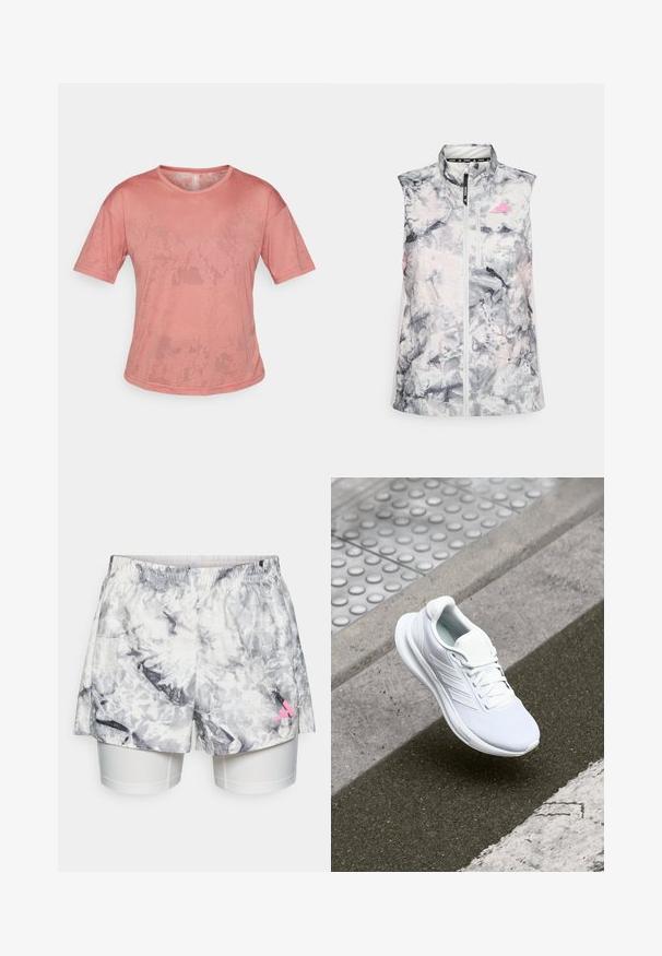 Bezrukávová bežecká vesta v šedo-ružovom abstraktnom vzore, s vysokým golierom, predným zipsom a malou vreckom na hrudníku.; Ružové tričko s krátkym rukávom vyrobené z jemnej látky. Má okrúhly výstrih a voľný strih, s jemným textúrovým vzorom na povrchu.; Šortky so šedým a bielym abstraktným vzorom, s elastickým pásom, vnútornou podšívkou a ružovým logom na boku.; Biele športové topánky s vrchnou časťou z sieťoviny, šnurovacia konštrukcia a textúrovaná podrážka. Zosilnené značkovanie a čisté detaily konštrukcie sú viditeľné.