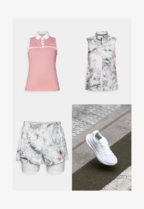 Ermeløs løpevest i et grått og rosa abstrakt mønster, med høy krage, glidelås foran og en liten brystlomme.; Ermeløs polo skjorte i lys rosa bomull med hvit krage, tre knappelukking og kontrasterende hvite horisontale striper. Calvin Klein-logo er til stede.; Shorts med et grått og hvitt abstrakt mønster, med elastisk midje, indre fôr og en rosa logo aksent på siden.; Hvit atletisk sko med mesh-overdel, snørelukking og strukturert såle. Diskret merkevare og sømløse konstruksjonsdetaljer synlige.