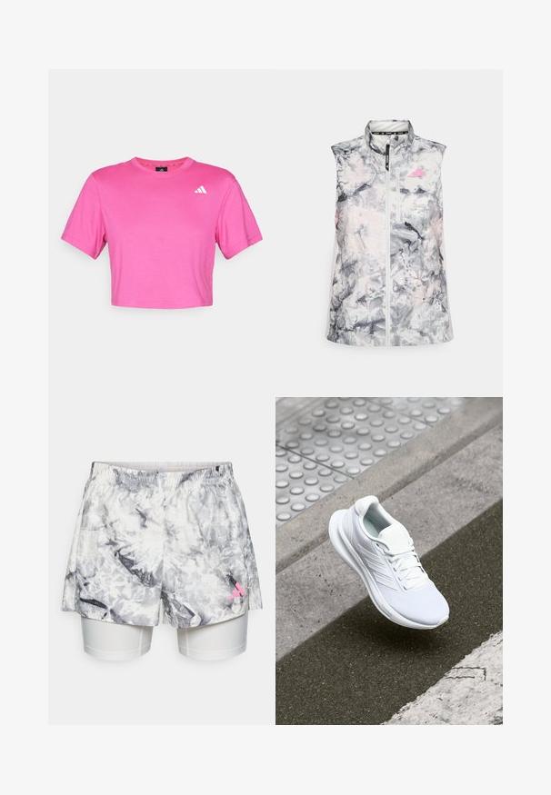 Bezramionny kamizelka do biegania w szarym i różowym abstrakcyjnym wzorze, z wysokim kołnierzem, zamek błyskawiczny z przodu i małą kieszonką na piersi.; Różowa krótka koszulka wykonana z miękkiej bawełny. Posiada krótkie rękawy i małe białe logo po lewej stronie klatki piersiowej. Gładka tekstura z klasycznym krojem.; Szorty z szaro-białym abstrakcyjnym wzorem, z elastycznym pasem, wewnętrzną podszewką i różowym logo na boku.; Białe sportowe buty z siateczkową cholewką, sznurowanym zapięciem i teksturowaną podeszwą. Widoczne subtelne logo i detale bezszwowej konstrukcji.