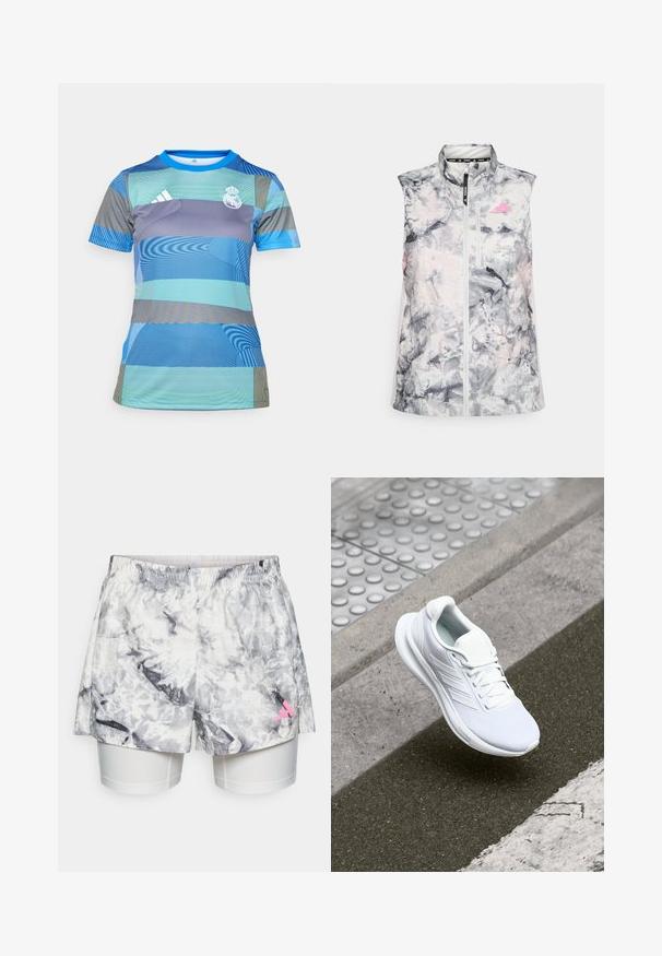 Majica brez rokavov za tek v sivi in roza abstraktni vzorec, z visokim ovratnikom, sprednjim zadrgo in majhnim žepkom na prsih.; Športna majica z modro in zeleno vzorcem, kratkimi rokavi, okroglim izrezom in vezenim logotipom kluba na prsih.; Hlače s sivim in belim abstraktnim vzorcem, z elastičnim pasom, notranjim podstavkom in roza logotipom na strani.; Bela športna čevelj z zgornjim delom iz mrežastega materiala, vezalnim oblikovanjem in teksturiranim podplatom. Opazne so subtilne znamke in brezšivne konstrukcijske podrobnosti.