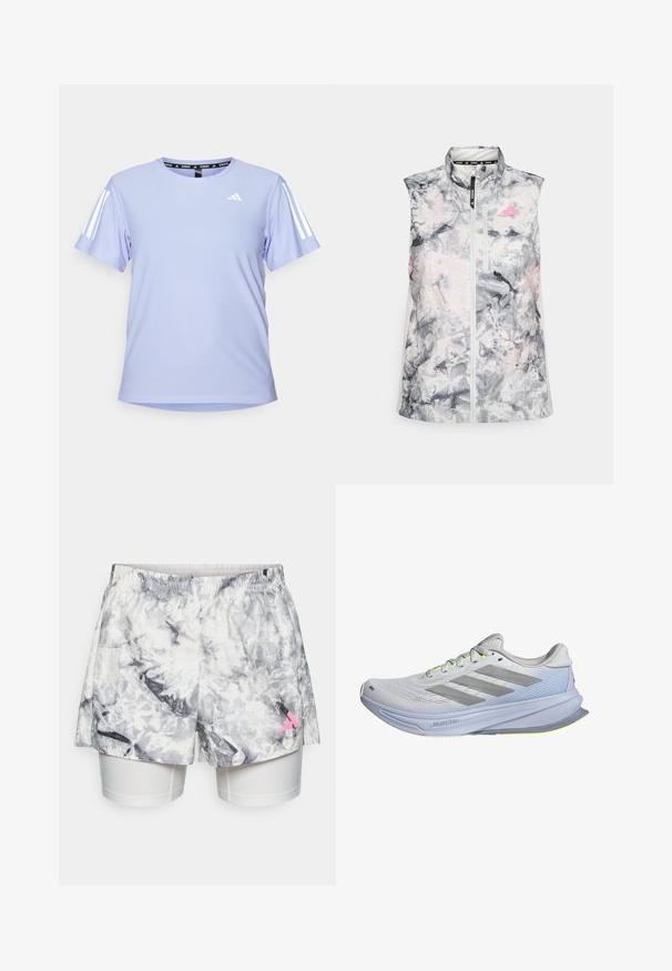Bezrukávová běžecká vesta v šedém a růžovém abstraktním vzoru, se stojáčkem, předním zipem a malou kapsičkou na hrudi.; Světle fialové sportovní tričko vyrobené z texturované látky. Má krátké rukávy, bílé doplňky se třemi pruhy a malé logo na hrudi.; Šortky se šedobílým abstraktním vzorem, mají elastický pas, vnitřní podšívku a růžový logo akcent na boku.; Běžecké boty s lehkým síťovaným svrškem v bílé barvě, doplněné šedými pruhy. Podešev má mírný oblouk a neonově žluté akcenty.