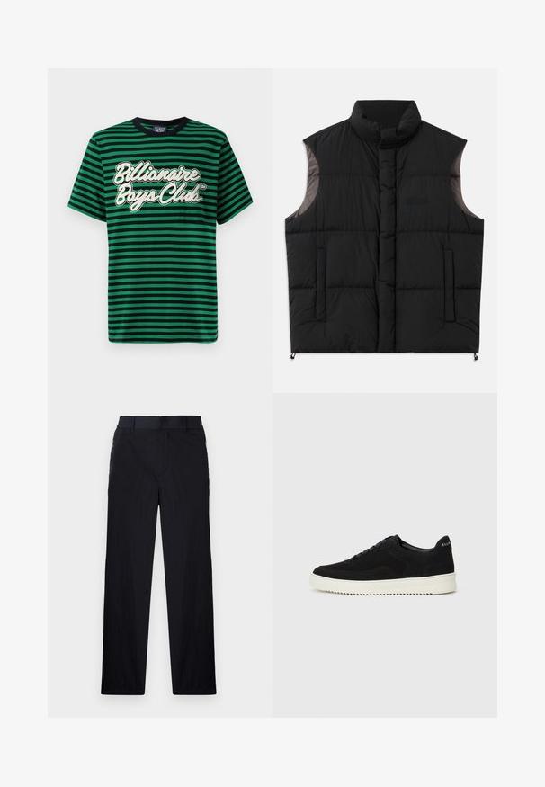 Crni prsluk s patentom, visokog ovratnika, bez rukava, s dva prednja džepa i blago sjajnom teksturom duž ramena. Podešavanje užeta na rubu.; Zelena i crna prugasta majica od pamuka, sa grafičkim logotipom "Billionaire Boys Club" u bijeloj boji, okruglim izrezom i kratkim rukavima.; Crne hlače od lagane, teksturirane tkanine, ravnog kroja, s elastičnom gumicom u struku i bočnim džepovima sa zatvaračem.; Crne nubuk tenisice s vezanjem i kontrastnom bijelom gumenom potplatom. Imaju teksturirane bočne panele i suptilno brendiranje na peti.
