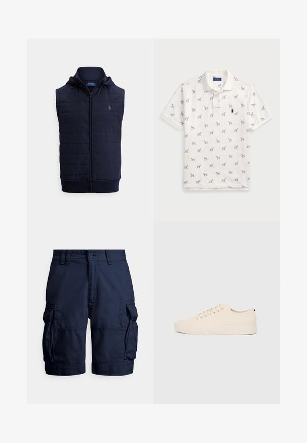 Sötétkék, steppelt, ujjatlan mellény elülső cipzárral és zsinóros kapucnival, bal oldalon kis hímzett logóval.; Fehér póló, pamutból készült, ismétlődő kék kutyás mintával és egy kis kék logóval a mellkason. Rövid ujjak és gallér.; Tengerészkék munkaruházat nadrág, tartós anyagból készült, oldalzsebekkel, gombos zárral és varrott részletekkel a textúra érdekében.; Beige vászon sportcipők, kerek orral, lapos gumi talppal és fűzős elejével. Minimális dizájnnal rendelkezik, és kontrasztos fekete akcentussal a saroknál.