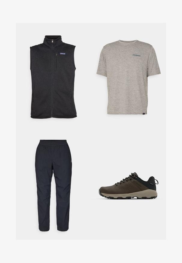Patagonia BETTER SWEATER VEST - Γιλέκο - black; Γκρι κοντομάνικο T-shirt φτιαγμένο από μαλακό, υφασματοποιημένο υλικό με μικρό μπλε λογότυπο Patagonia στο αριστερό στήθος. Χωρίς επιπλέον μοτίβα.; Μαύρο, ελαφρύ, αδιάβροχο παντελόνι με ελαστική μέση, ίσια γραμμή και δύο γωνιακές πλευρικές τσέπες.; Καφέ αδιάβροχα αθλητικά παπούτσια με υφασμάτινη επάνω επιφάνεια, διατρήσεις, μαύρη στήριξη στη φτέρνα και γκρι ελαστική σόλα. Οι κορδόνες είναι διακοσμημένες με μεταλλικές άκρες.