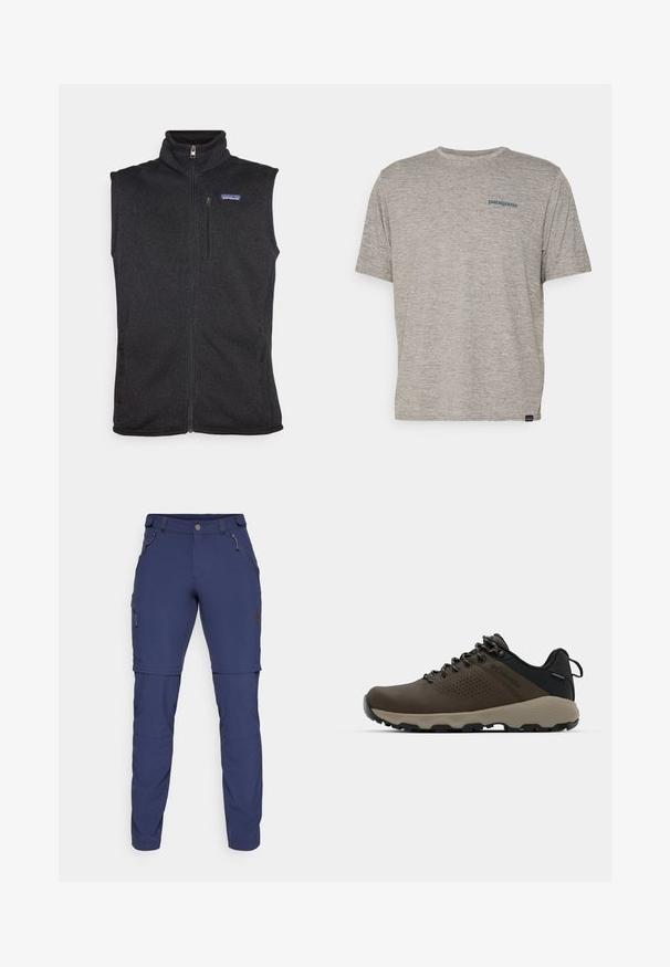 Patagonia BETTER SWEATER VEST - Liivi - black; Harmaa lyhythihainen t-paita, joka on valmistettu pehmeästä, teksturoidusta kankaasta ja jossa on pieni sininen Patagonia-logo vasemmassa rinnassa. Ei muita kuvioita.; Vesipartio ulkopantit venytettävästä kankaasta, joissa on vetoketjulliset taskut, säädettävät hihnat ja sivussa cargo-tasku.; Ruske vedenäyttävät lenkkarit, joissa on tekstuuroitu päällinen, reikiä korostavia yksityiskohtia, musta kantatuki ja harmaa kumipohja. Kiristysnauhoissa on metalliset päät.