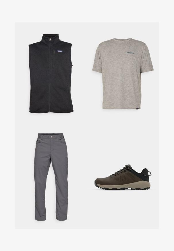 Patagonia BETTER SWEATER VEST - Vesta - black; Šedé tričko s krátkým rukávem vyrobené z měkké, texturované látky, se malým modrým logem Patagonia na levé straně hrudi. Žádné další vzory.; Šedé kalhoty rovného střihu vyrobené z lehkého materiálu. Mají dvě přední kapsy a zapínání na zip s knoflíkem. Hladká textura.; Hnědé nepromokavé sneakers s texturovaným svrškem, perforovanými detaily, černým oporou paty a šedou gumovou podrážkou. Šňůrky mají kovové konce.