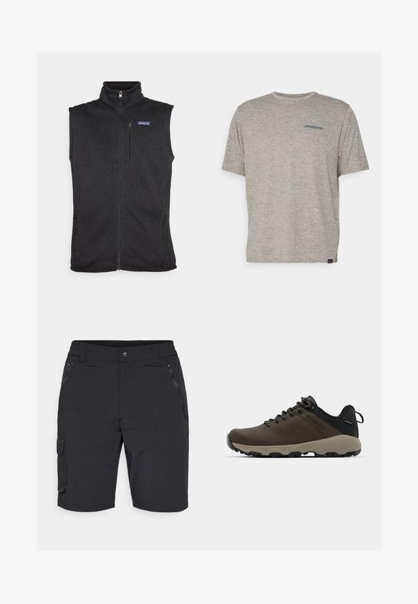 Patagonia BETTER SWEATER VEST - Smanicato - black; T-shirt grigio a maniche corte realizzato in un morbido tessuto di texture, con un piccolo logo blu di Patagonia sul lato sinistro del petto. Senza ulteriori fantasie.; Pantaloni cargo neri con tasca con zip, vita elastica e accenti sui pannelli laterali. Realizzati in tessuto leggero e resistente.; Sneakers impermeabili marroni con tomaia testurizzata, dettagli perforati, supporto al tallone nero e suola in gomma grigia. I lacci sono decorati con estremità metalliche.