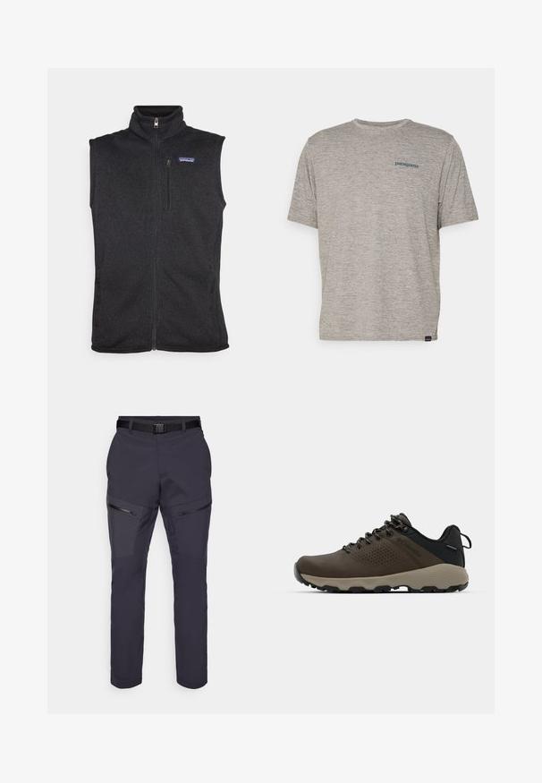 Patagonia BETTER SWEATER VEST - Vesta - black; Šedé tričko s krátkým rukávem vyrobené z měkké, texturované látky, se malým modrým logem Patagonia na levé straně hrudi. Žádné další vzory.; Tmavě námořnické outdoorové kalhoty se slim fit, mají zipové kapsy, vyztužené kolenní části a nastavitelné pásky. Lehký materiál.; Hnědé nepromokavé sneakers s texturovaným svrškem, perforovanými detaily, černým oporou paty a šedou gumovou podrážkou. Šňůrky mají kovové konce.