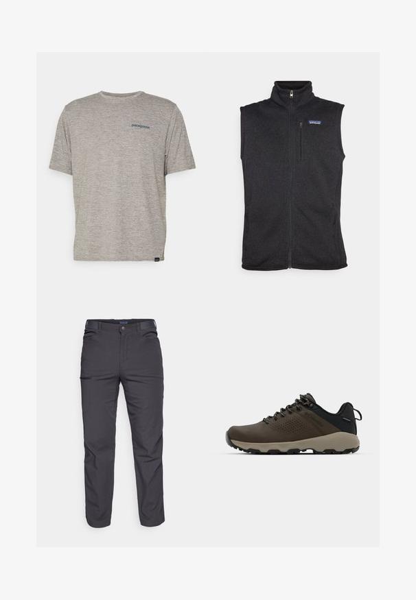 Patagonia BETTER SWEATER VEST - Vest - black; Hall tootega hall T-särk lühikeste varrukatega, pehmest tekstuuriga kangast, millel on vasakul rinnal väike sinine Patagonia logo. Täiendavaid mustreid pole.; Tumed hallid püksid, mis on valmistatud vastupidavast kangast, varustatud lukuga tasku, sirge lõikega ja vööaasadega, et sobivust kohandada.; Kohandatud veekindlad pruunid spordijalatsid tekstuuriga pealisega, perforatsioonidega detailid, must kandetoetav osa ja hall kummine sisetald. Paelad on metallist otstega.