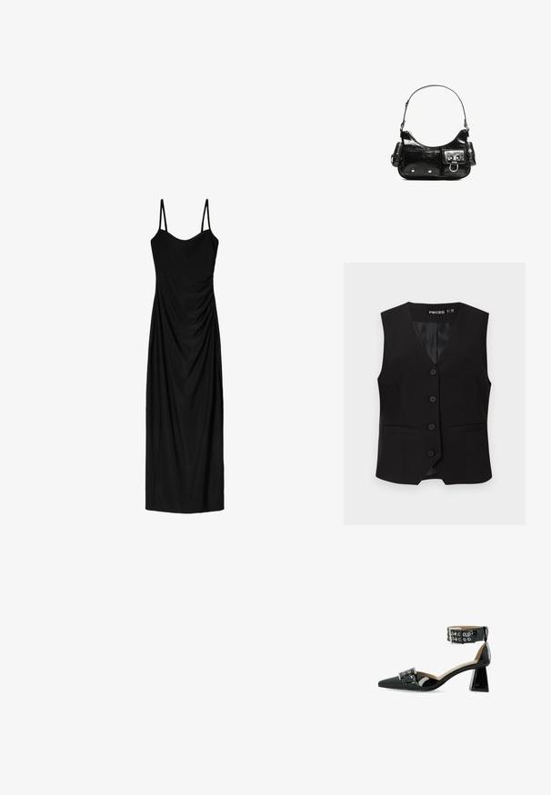 Čierny bezrukávový sveter s výstrihom do V, päť gombíkov vpredu a dve bočné vrecká. Vyrobený z hladkej, štruktúrovanej látky.; Čierne midi šaty s tenkými nastaviteľnými ramienkami, s prekrývajúcim sa dizajnom a hladkou textúrou. Žiadne viditeľné vzory ani zdobenie.; Čierna lakovaná vysoká podpätková topánka s špicatou špičkou, členkovým remienkom a kovovým prackovým detailom; má robustný, priehľadný podpätok.; Čierna laková kožená kabelka s ohnutým tvarom, jedným ramenným popruhom, prednými vreckami a striebornými kovovými doplnkami.