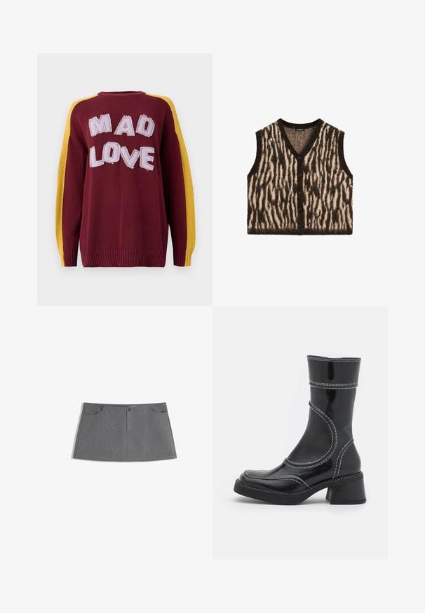 Strickweste ohne Ärmel mit einem braun-creamfarbenen Zebra-Streifenmuster, V-Ausschnitt und fünf Vorderknöpfen. Weiches, strukturiertes Material.; Strickpullover in Burgunderrot mit gelben Schulterstreifen. Mit "MAD LOVE" in strukturierten, gestickten Buchstaben. Rippbündchen und Saum.; Grauer Rock mit geradem Schnitt, zwei Vordertaschen, einer Frontknopfleiste und einem dezenten Texturmuster.; Schwarze Lackleder-Ankle Boots mit weißen Nähten, abgerundeter Zehe und Blockabsatz. Besitzt geschwungene Designlinien und eine glatte Textur.
