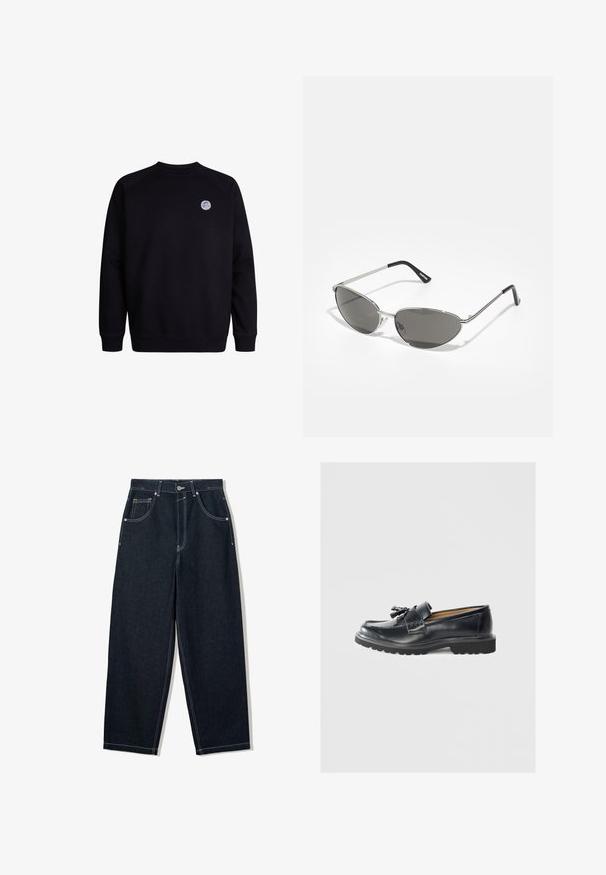 Džínová vesta, tmavě modrá, bez rukávů, špičatý límec, vertikální přední šev, dvě přední kapsy, zvýrazněná kontrastním žlutým prošíváním.; Černá mikina s kulatým výstřihem a dlouhými rukávy. Obsahuje malé kruhové logo na horní levé části hrudi. Měkká textilie.; Široké tmavé džínové kalhoty s kontrastním bílým prošíváním, pěti kapsami a zapínáním na knoflík. Mají vysoký pas.; Černé kožené mokasíny s výraznou plochou podrážkou, prošívanými detaily, dekorací ve tvaru třásní a hladkým povrchem.; Sluneční brýle s elegantním stříbrným kovovým rámem, šedými tónovanými skly a aerodynamickým designem s ostrými hranami a tenkými nožičkami.