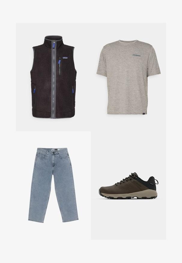 Musta fleece-liivi, jossa on korkea kaulus, täyspitkä vetoketju, kolme vetoketjullista taskua ja Patagonia-logo vasemmassa rinnassa.; Harmaa lyhythihainen t-paita, joka on valmistettu pehmeästä, teksturoidusta kankaasta ja jossa on pieni sininen Patagonia-logo vasemmassa rinnassa. Ei muita kuvioita.; Vaaleansiniset farkut, joissa on leveät lahkeet, napitus, viisi taskua ja suorat lahkeet. Pehmeä rakenne, vähäinen kulu, ja siisti ompelu.; Ruske vedenäyttävät lenkkarit, joissa on tekstuuroitu päällinen, reikiä korostavia yksityiskohtia, musta kantatuki ja harmaa kumipohja. Kiristysnauhoissa on metalliset päät.