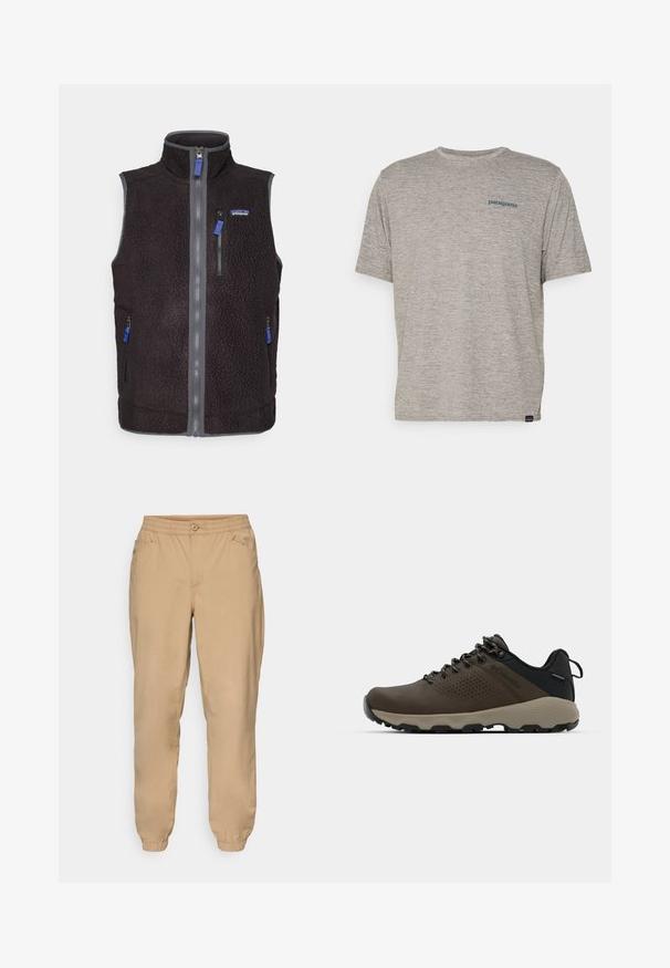 Černá fleecová vesta s vysokým límcem, plným předním zipem, třemi zipovými kapsami a logem Patagonia na levé hrudi.; Šedé tričko s krátkým rukávem vyrobené z měkké, texturované látky, se malým modrým logem Patagonia na levé straně hrudi. Žádné další vzory.; Béžové jogger kalhoty s elastickým pasem, zapínáním na knoflík, postranními kapsami a elastickými manžetami.; Hnědé nepromokavé sneakers s texturovaným svrškem, perforovanými detaily, černým oporou paty a šedou gumovou podrážkou. Šňůrky mají kovové konce.