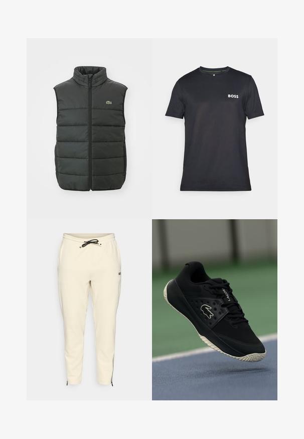 Puhasta brezernica v temno sivi barvi z visokim ovratnikom, sprednjim zadrgo in vezenim logotipom. Ima prešit dizajn in oblazinjen teksturo za toploto.; Črna kratkosleeve majica iz mehkega materiala, s belim napisom "BOSS" na prsih in klasičnim krojem ovratnika.; Svijetlosmeđi joggeri s elastičnim pojasom i vezicom, s bočnim džepovima i patentnim zatvaračima na rubovima za uski kroj.; Črne atletske čevlje z teksturirano zgornjim delom in gladkimi detajli, s belim logotipom, vezalkami in fleksibilnim gumijastim podplatom.
